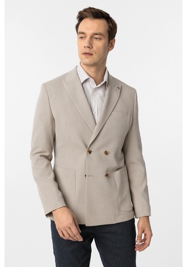 Süvari Bej Slim Fit Baskılı Kruvaze Yaka 6 Drop Ceket