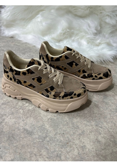 Günlük Kadın Sneaker Kalın Yüksek Taban Bağcıklı Rahat Tiger Şeritli Spor Ayakkabı 032 16 - Vizon Sarı Leopar