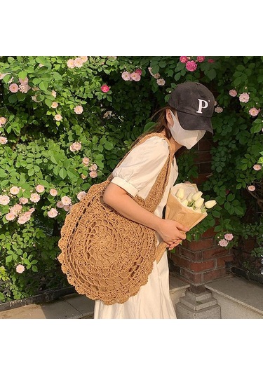 Koyu Kahverengi Kadınlar İçin Hasır Örgü Plaj Çantası El Yapımı Bohem Tarzı Omuz Çantaları Koyu Kahverengi