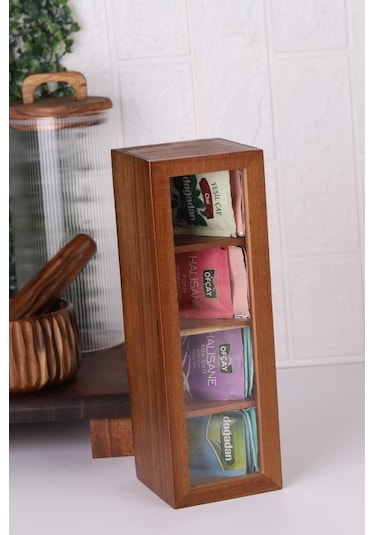 Atby Akasya Ahşap Kapaklı 5 Bölmeli Çay Kutusu 26,5x9x9 Cm Şeffaf Kapaklı Çay Ve Kahve Düzenleyici Kutu Ahşap