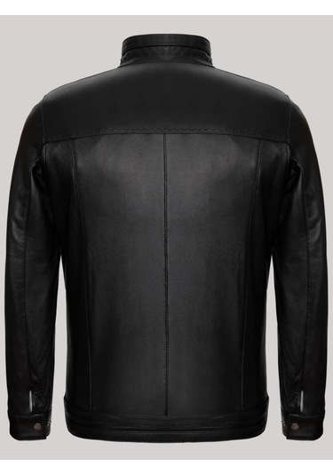 Hakiki Kuzu Derisi Siyah Erkek Deri Mont Düz Slim Fit Hakim Yaka Deri Ceket Siyah