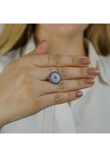 Modagümüşevi 925 Ayar Gümüş Nazar Boncuğu Tasarımlı 8 Sıra Kadın Kolye