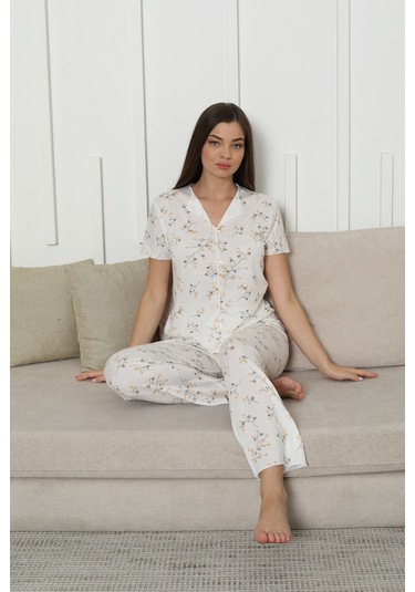 Kadın Örgü Kumaş Blue Flower Pattern Kısa Kol Pijama Takımı Sarı