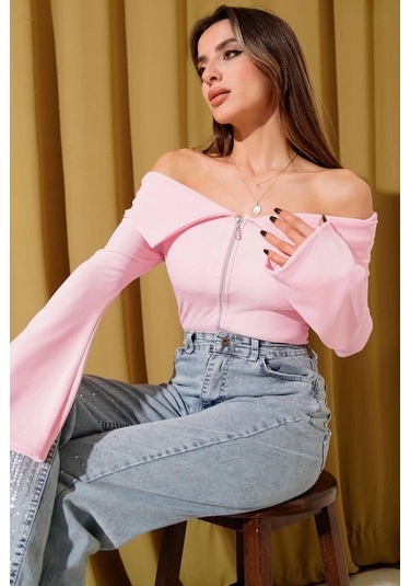 Omzu Açık Fermuarlı Bluz Pembe T4330 Pembe