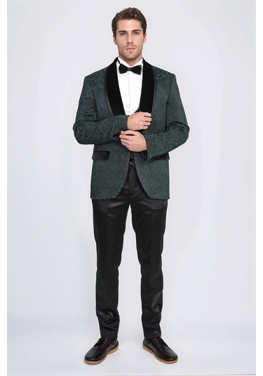 Barok Desenli Kadife Şal Yaka Yelekli Ördek Yeşili Smokin - Wessi Yeşil