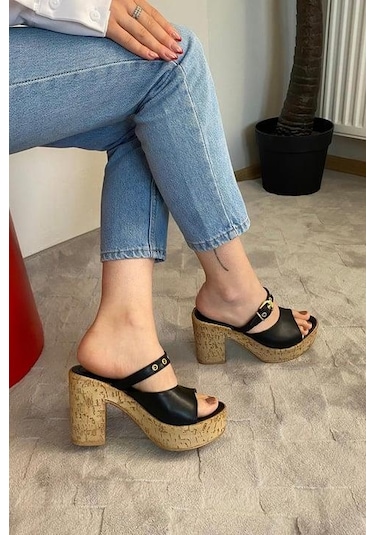 Asmi Shoes Kadın Tena Mantar Taban Platform Topuklu Terlik 10 Cm Snd456 Siyah Siyah