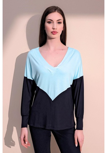 WeShaya Kadın Mint V Yaka Color Block Basic Salaş - Rahat Penye Bluz Mint