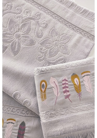 2'li Nakışlı Kadife El Havlusu -jakarlı Tüy İşlemeli Yüz Havlusu - %100 Pamuk Grı Gri