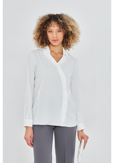 Asimetrik Pile Detay Gömlek Ekru Ekru