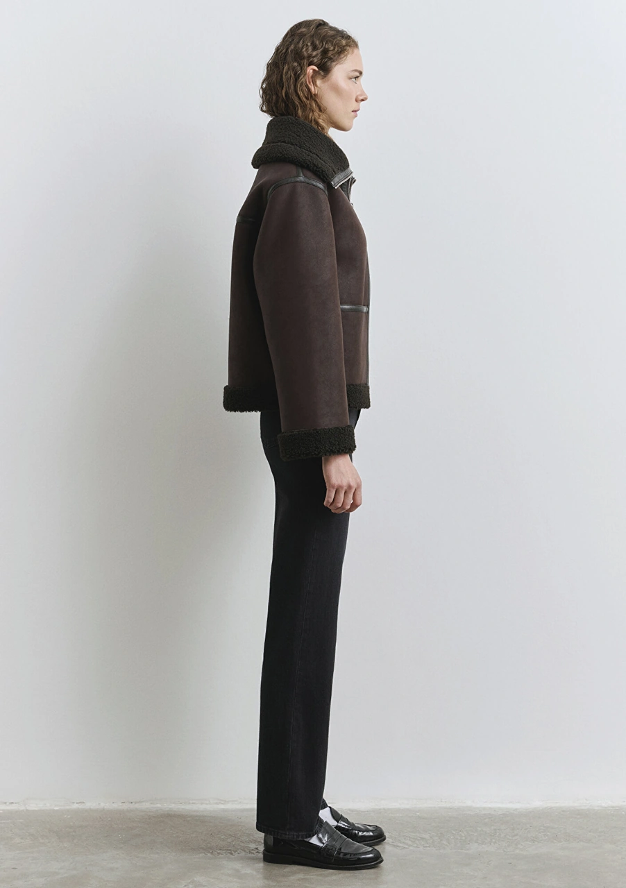 Mavi - Suni Kürk Detaylı Kahverengi Suni Deri Ceket 1110718-70219 Kahverengi