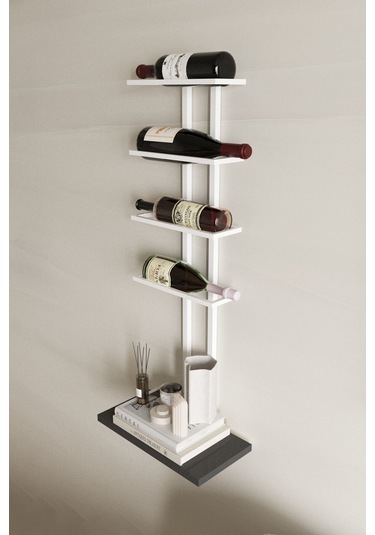 Aju Şaraplık Ve Kadeh Rafı Duvara Monte Şarap Mahzeni Modern Duvar Alkol Rafı Metal Ve Ahşap Tasarım Beyaz