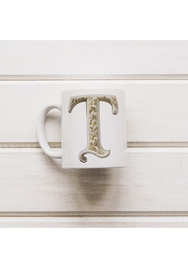 T Harfi Bardak, Monogram 330 Ml Barok Oymalı Görünüm Beyaz