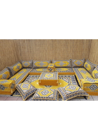 Coton Şark Köşesi Saraylı Desenli Minder Takımı Sarı 19 Parça