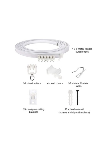 Ebitda 5 Metre Esnek Perde Rayı Seti - Tavan & Yan Montaj, 30 Kanca & Kasnaklı, Plastik Çelik, Beyaz