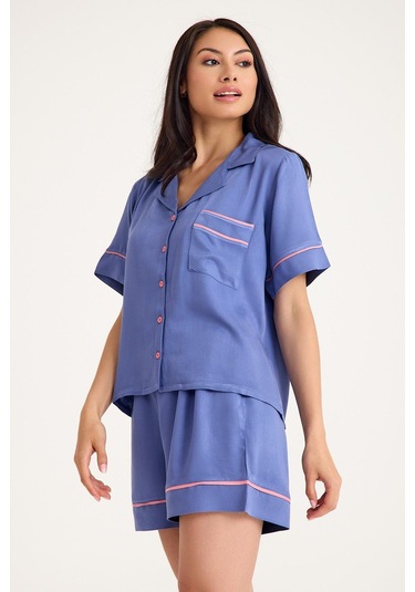 Dream Gri Mavi 4 Lü Viskon Pijama Takım Seti Mavi