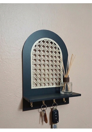 Rattan Rattan Desenli,Anahtar Askılıklı Raflı Duvar Organizeri Siyah