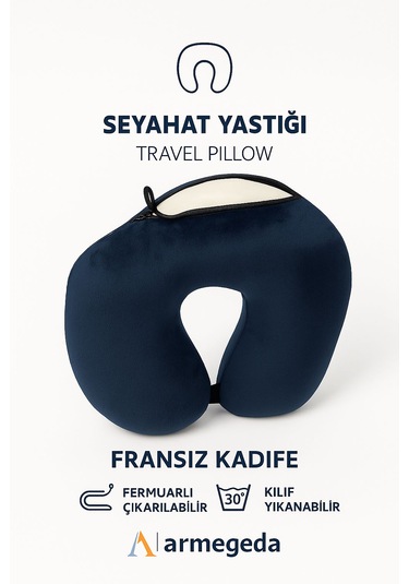 Armegeda Fransız Kadife Seyahat Yastıgı Nar Kırmızısı Yastık Lacivert