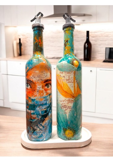 El Yapımı Soyut Kadın Portresi Ve Çiçek Motifli Vintage Yağdanlık Set, Mutfak Sosluk, Sirkelik Yeşil