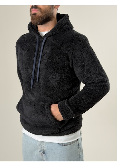 Cocopelli Erkek Kapüşonlu Siyah Peluş Sweat Coc2593 Siyah