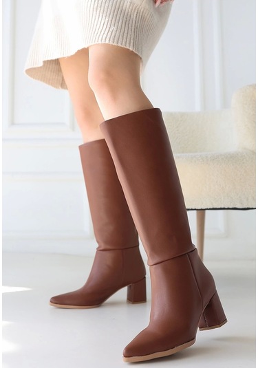 Roksa Taba Cilt Topuklu Çizme Taba
