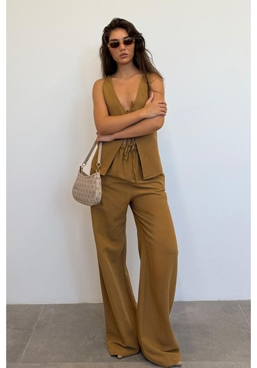 Madmext Camel Önü Bağlamalı Yelek Pantolon Kadın Takım Mg2403