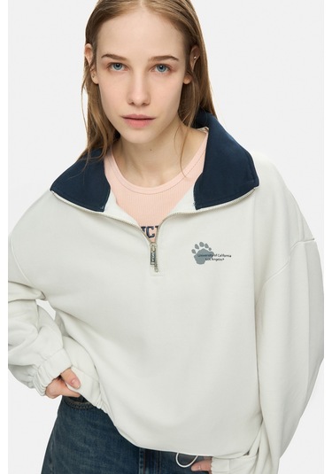 Ucla Yoko Kemik Rengi Fermuarlı Baskılı Oversize Fit Kadın Sweatshirt Kemik Rengi