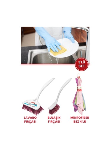 Flora 3 Lü Temizlik Seti, F367 Bulaşık Fırçası + F388 Lavabo Küvet Fırçası + F222 Mikrofiber Bez Seti