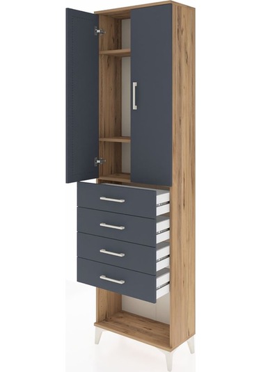 Arges Dolap 3 Raflı 4 Çekmeceli 2 Kapaklı 60x30x221 Çam-antrasit Çam