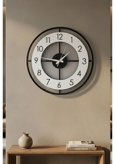 Ahşap Siyah Beyaz Mobilyaa Renk Desenli Hediyelik Sessiz Duvar Saati 50cm Beyaz