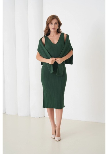 Kadın Bisiklet Yaka Dokulu Kazak Elbise İkili Triko Takım