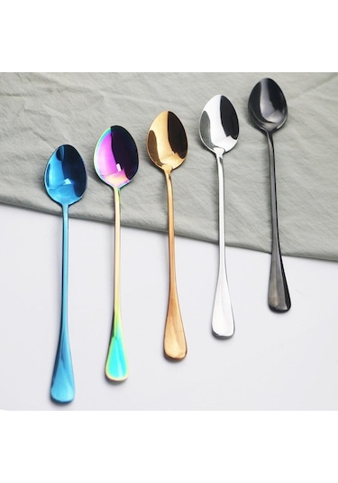 6 Adet Altın Çatal Bıçak Kaşık Seti Paslanmaz Çelik Uzun Saplı Kaşık Gümüş Tatlı Dondurma Kahve Kaşığı Karıştırma Çay Kaşığı Yemek Takımı Altın