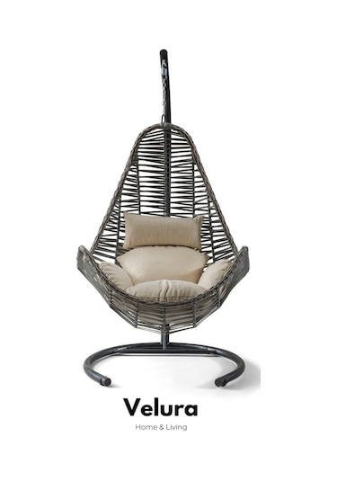 Zen Bahçe Salıncağı - Gri Rattan Krem Minder Gri