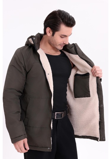 Erkek İçi Kürklü Çıkma Kapüşon Su Ve Rüzgar Geçirmez Kapüşonlu Kışlık Mont & Kaban & Parka Haki