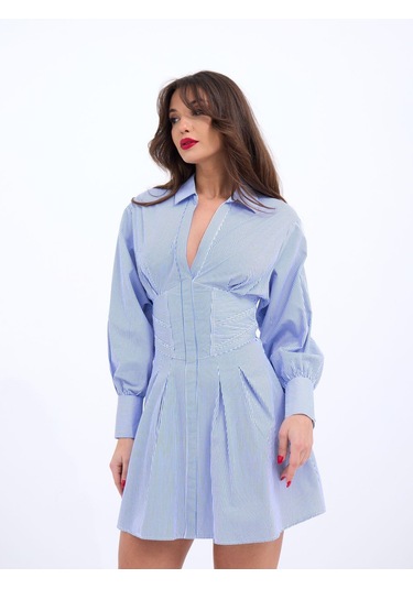 6558 Elbise-mavi Beyaz Çizgili Altın