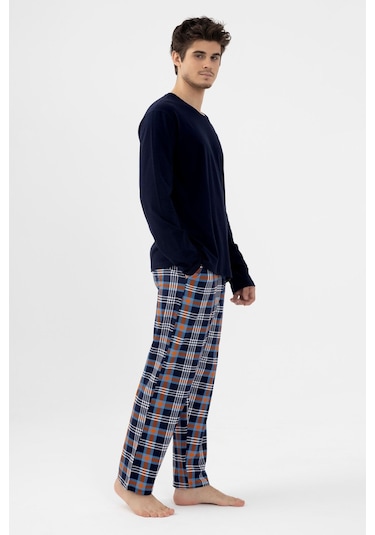 Erkek Pamuklu Uzun Kollu Ekose Desenli Pijama Takımı Ko60110 Turuncu