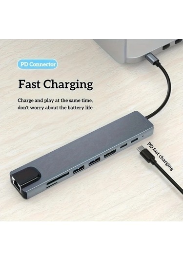 Fastbuy Dream011 Alüminyum Alaşım 8i 1 Arada Usb C Hub, Tip Cden 4k Hd Tv Adaptörü, Rj45 Okuyucu, Hızlı Şarj Cihazı