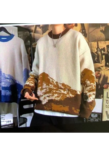 Sonbahar Ve Kış Kravat Boyalı Kar Dağ Trend Marka Yuvarlak Yaka Kazak Erkek Bol Kazak Üniversite Uzun Kollu Kazak Erkek Mavi