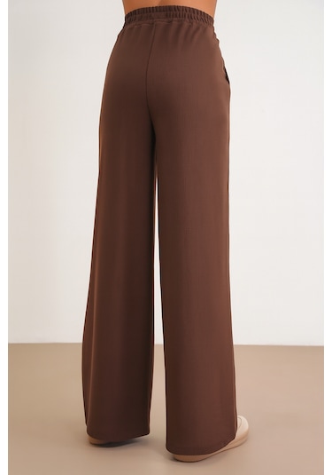 4757 Kadın Lastikli Bol Paça Örme Dökümlü Selanik Pantalon Kahve Kahve