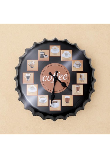 Cajuart Kahve Çeşitleri Metal Kapak Şeklinde Kabartma Duvar Saati Siyah