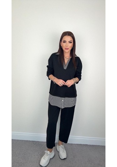 Sensuelle Polo Yaka Gömlek Detay Salaş Balon Pantolunlu Ikılı Takım Siyah