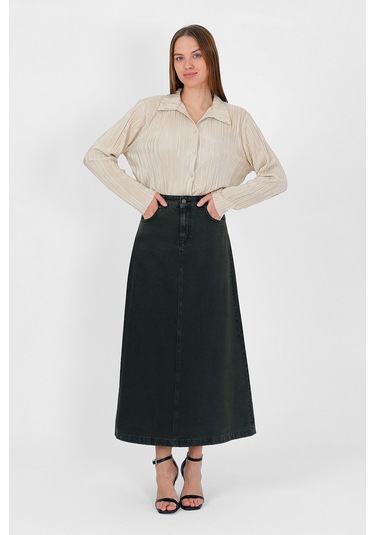 Yüksek Bel A Kesim Denim Etek Haki