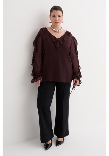 Fırfır Detaylı Şifon Bluz-6219 Bordo