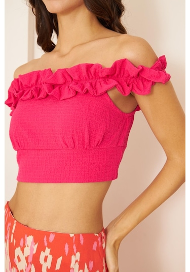Darlin Moda Pembe Fırfırlı Crop Bluz Dm7002