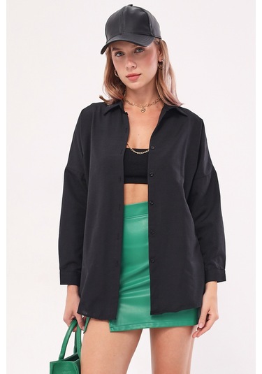 Armonika Kadın Siyah Oversize Uzun Basic Gömlek Arm-22y001118
