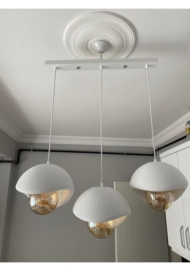 Caka Tepsili 3 Lü Sarkıt Avize Rustik E27 Modern Avize Beton Görünüm Bohem Rustik Ampul Hediyeli Beyaz