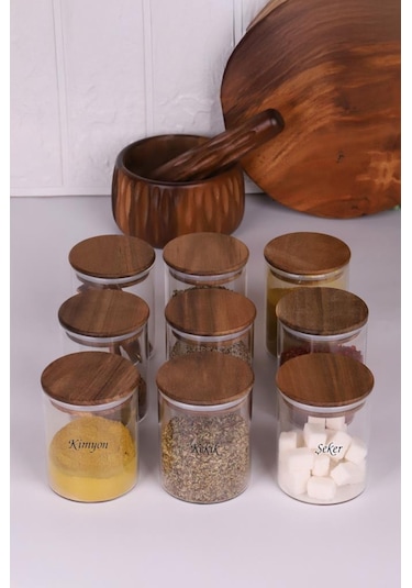Akasya Kapaklı Borosilikat Cam Baharatlık Saklama Kavanozu 200 ML 9'lu + Etiket Ahşap - Şeffaf