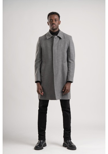 Yakalı Klasik Kesim Düğmeli Uzun Kaşe Erkek Kaban Gri