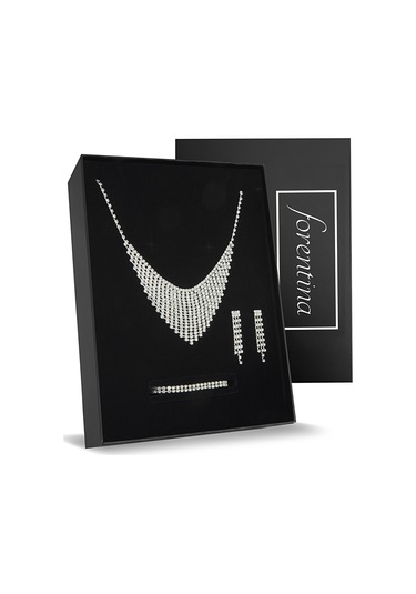 Forentina Gümüş Kaplama Kolye Küpe Bileklik Düğün Seti PS2176 Gümüş