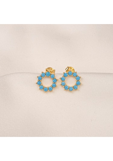 Altın Küpe - 14 Ayar Altın Yuvarlak Firuze Turkuaz Taşlı Küpe Sarı