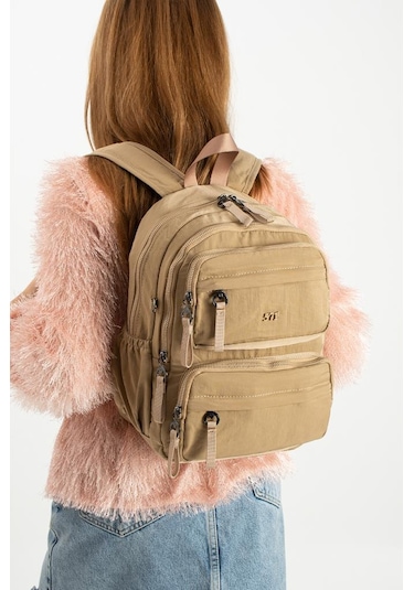 Kadın Sırt Çantası Ultra Hafif Poliamid Kumaş Su Geçirmez Çok Cepli Günlük Sırt Çantası 35 25 Cm Vizon